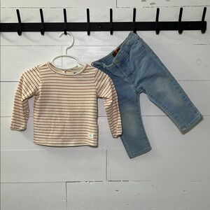 7 for All Mankind Cream & Orange Stripe Long-Sleeve Kids Top & Light Blue Jeans